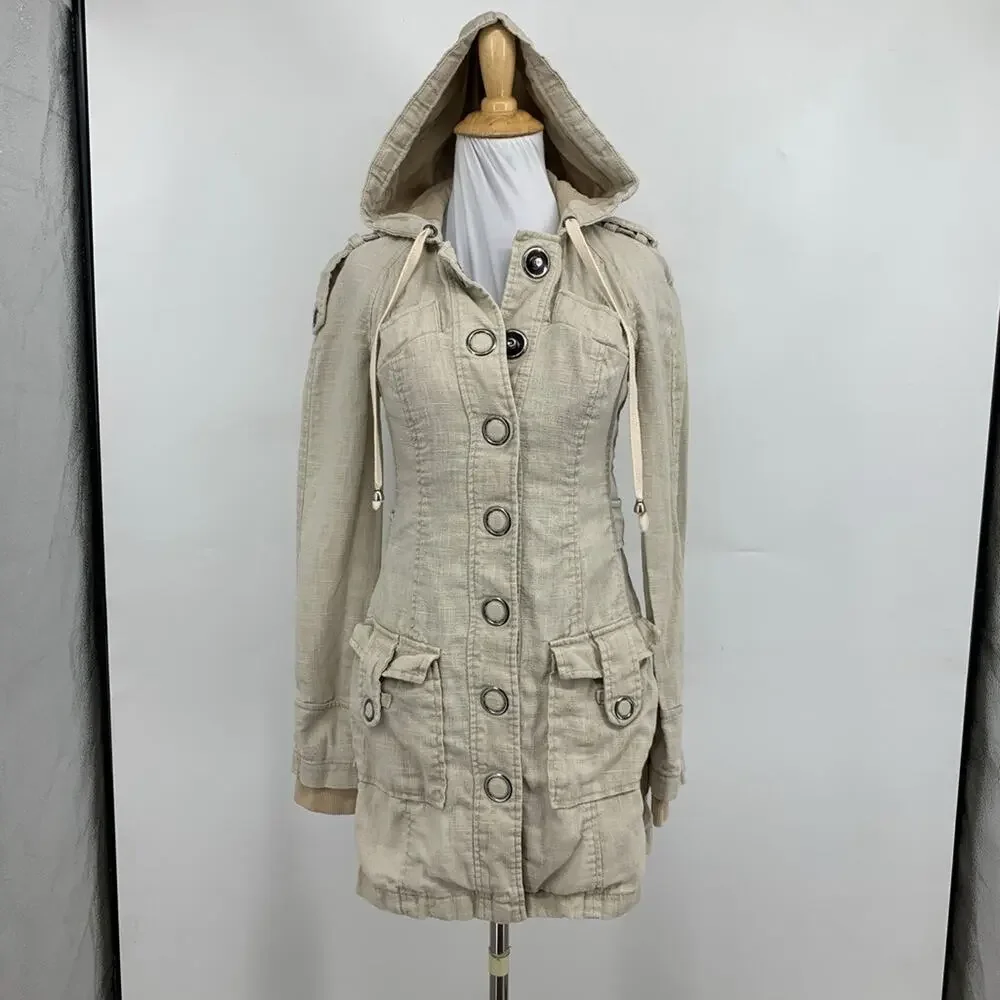 Free People Jacket Womens 0 Beige Ramie Metal Snap Pockets Military Trench Boho